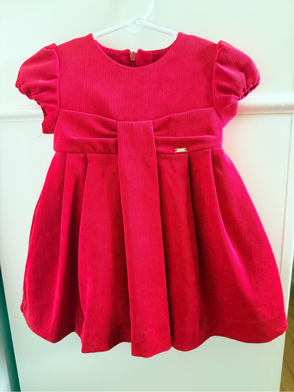 Mayoral Baby Girl 9M Red Corduroy Christmas Holiday Dress Spain Puff Sleeve